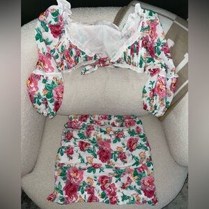 Pink Rose Floral Ruffle Skirt Set